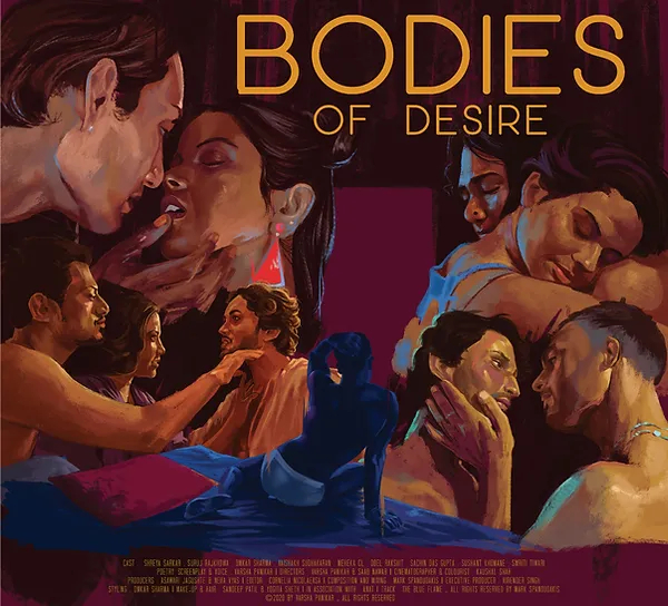 Bodies Of Desire short film poster, showing difference queer south-Asian performers in embraces