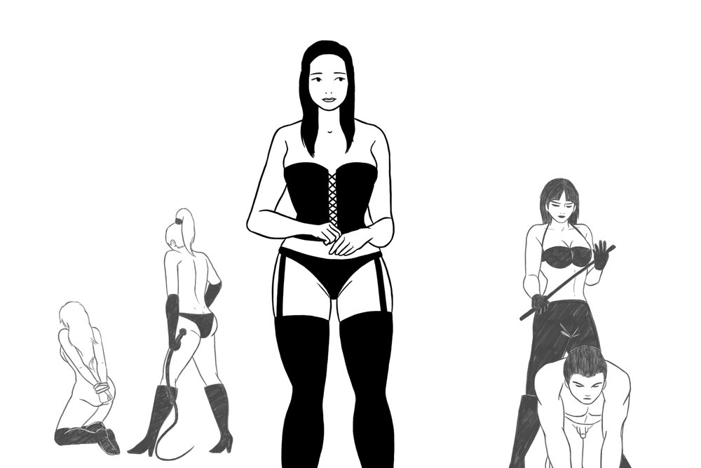 Sweet Sweet Kink creenshot, a woman in lingerie and thigh highs with images of kink and bdsm in the background